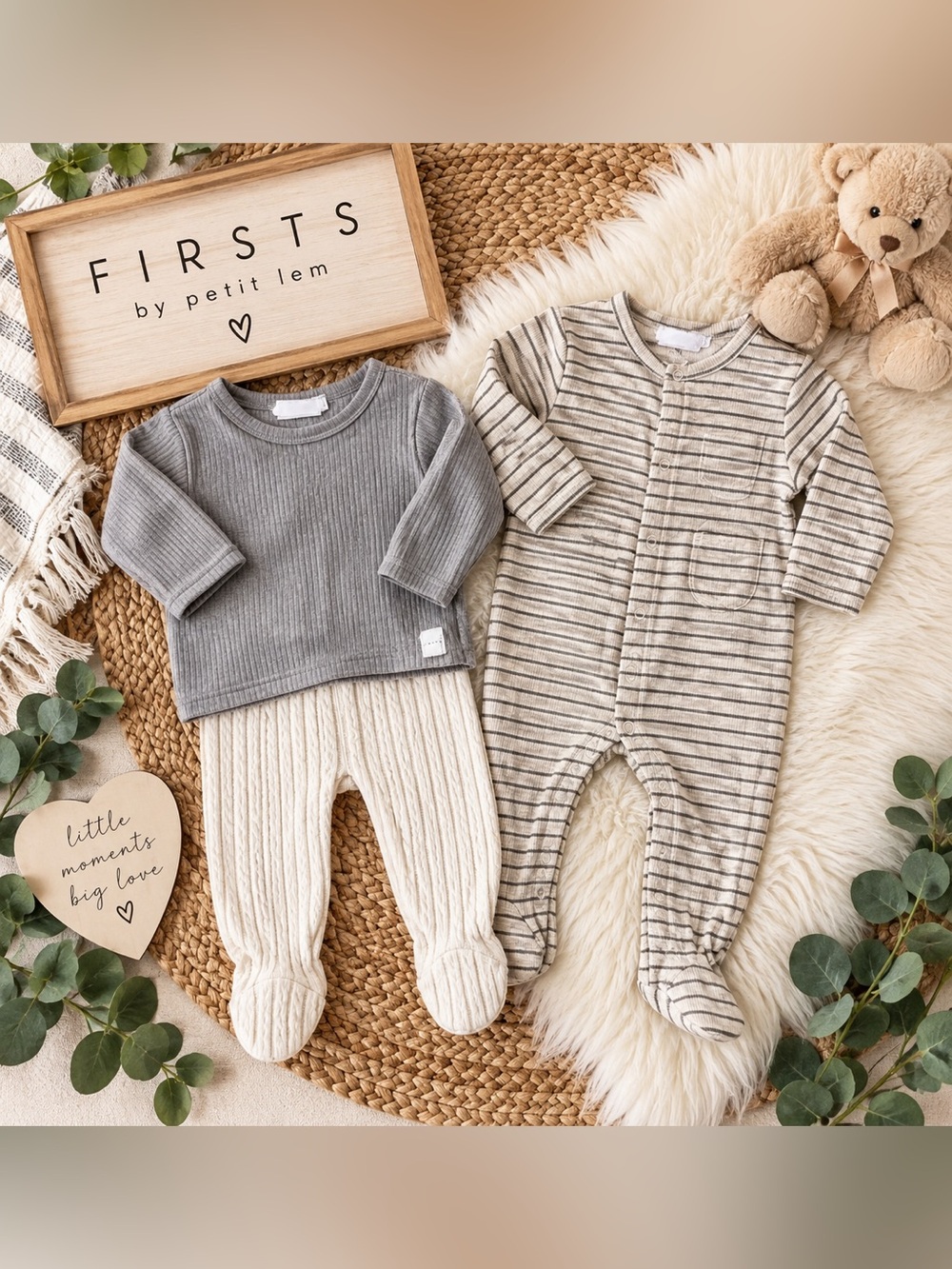 FIRSTS by Petit Lem Baby Neutral Outfit Bundle 3-Piece Ribbed Sets + Striped pj